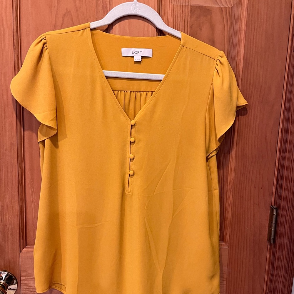LOFT Women's Mustard Yellow Flutter Sleeve Blouse, Size S